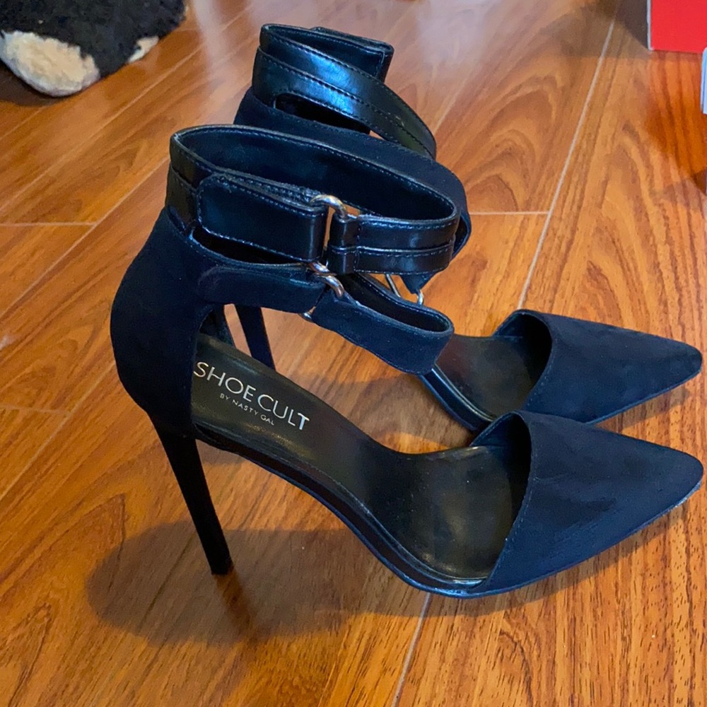 strappy black heels by Nasty gal. Super comfortable.